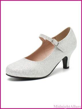 Women Mid Heel Round Toe Buckle Strap Glitter Pumps Dressy Formal Shoes